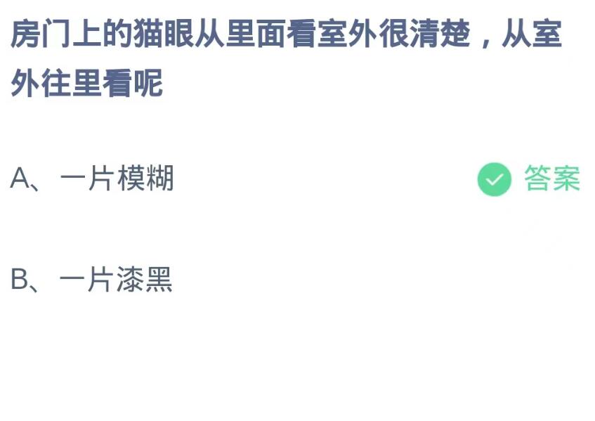 《支付宝》8月30日蚂蚁庄园-房门上的猫眼从里面看室外很清楚,从室外往里看呢？