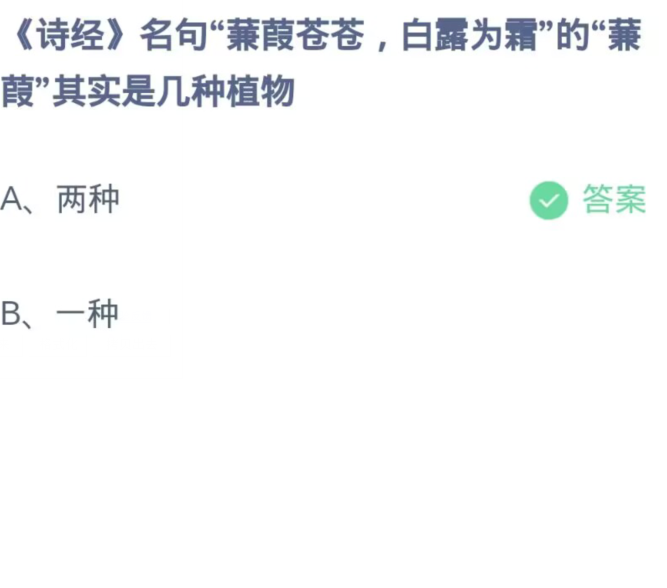 《支付宝》蚂蚁庄园11月12日：“蒹葭苍苍，白露为霜”的蒹葭是几种植物?